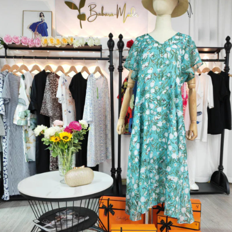 green printed short sleeve dress, view 2 - MRSLM