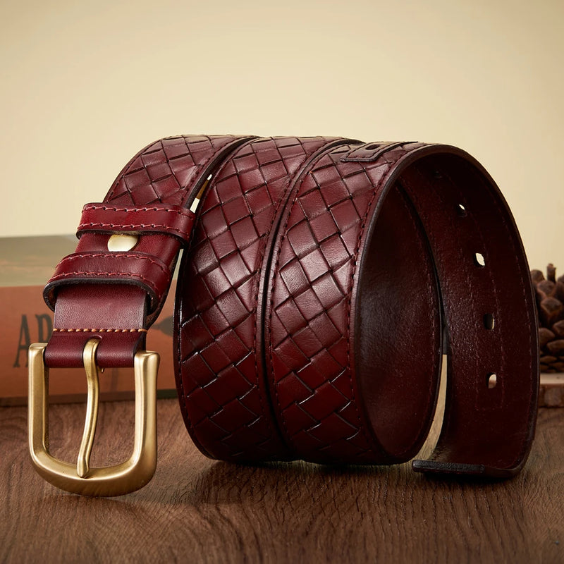 men's braided leather belt copper buckle, view 5 - MRSLM