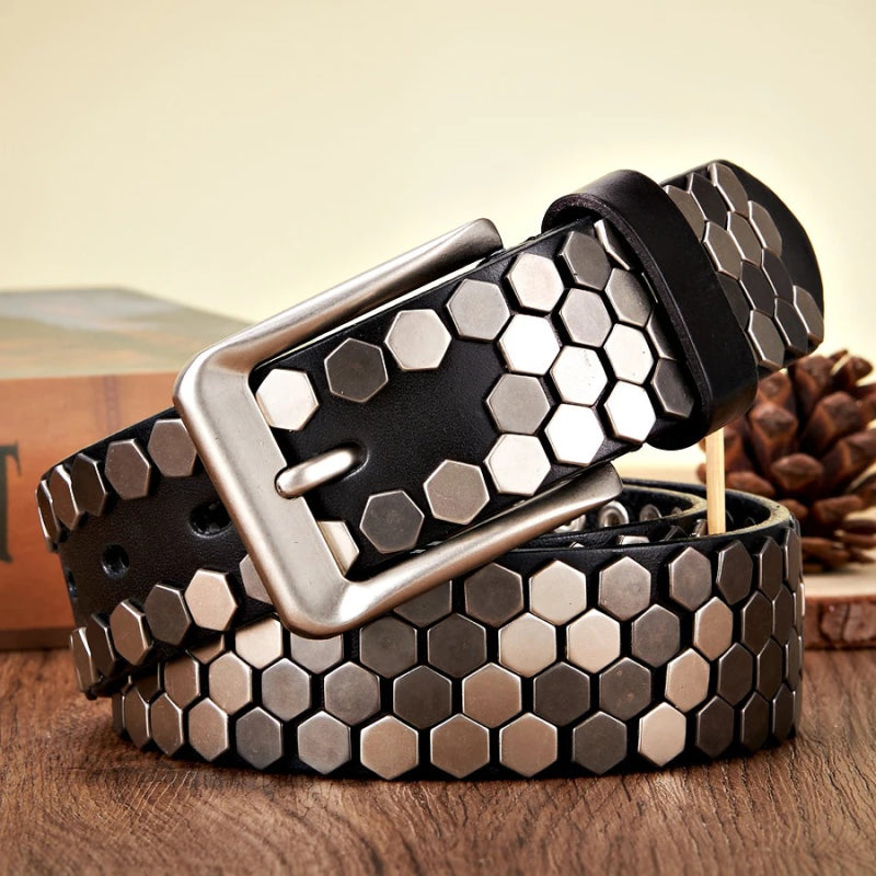 Wide rivet studded leather belt, view 4 - MRSLM