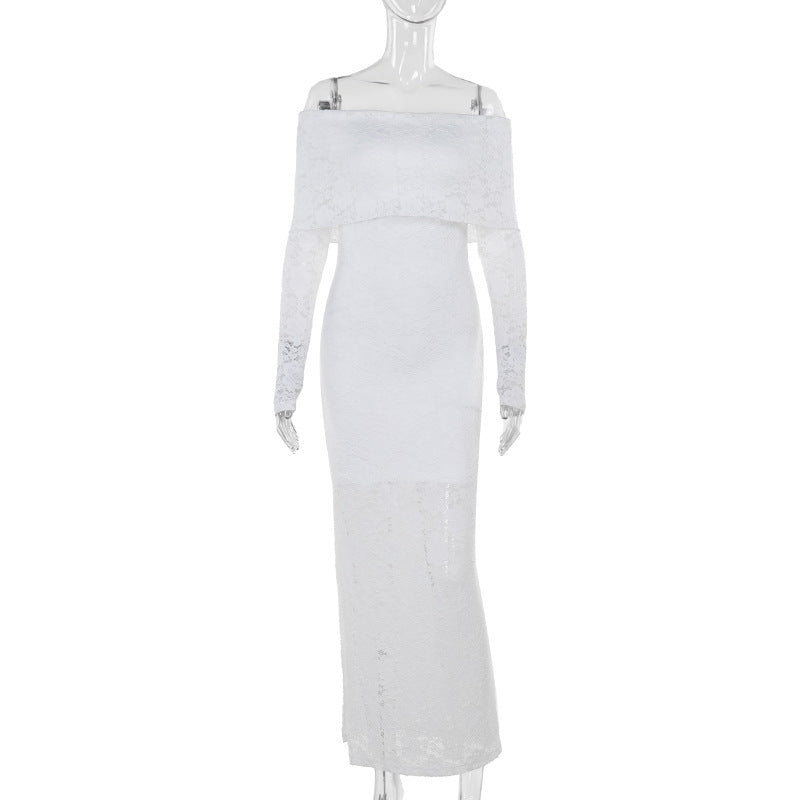 slim-fit off-shoulder lace dress, view 6 - MRSLM