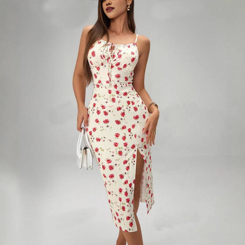 Printed suspender split dress with lace-up waist, view 9 - MRSLM