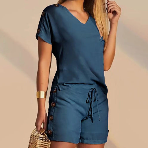decorative button short sleeve tee and shorts suit - MRSLM