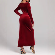 women's red velvet slit formal dress, view 2 - MRSLM