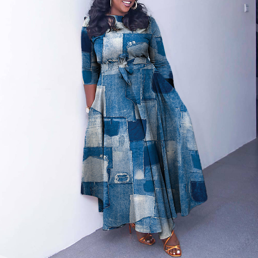 Women's Fashion Lace Up Printed Plus Size Dress