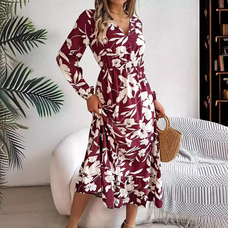flower print ruffled long sleeve chiffon dress, view 3 - MRSLM