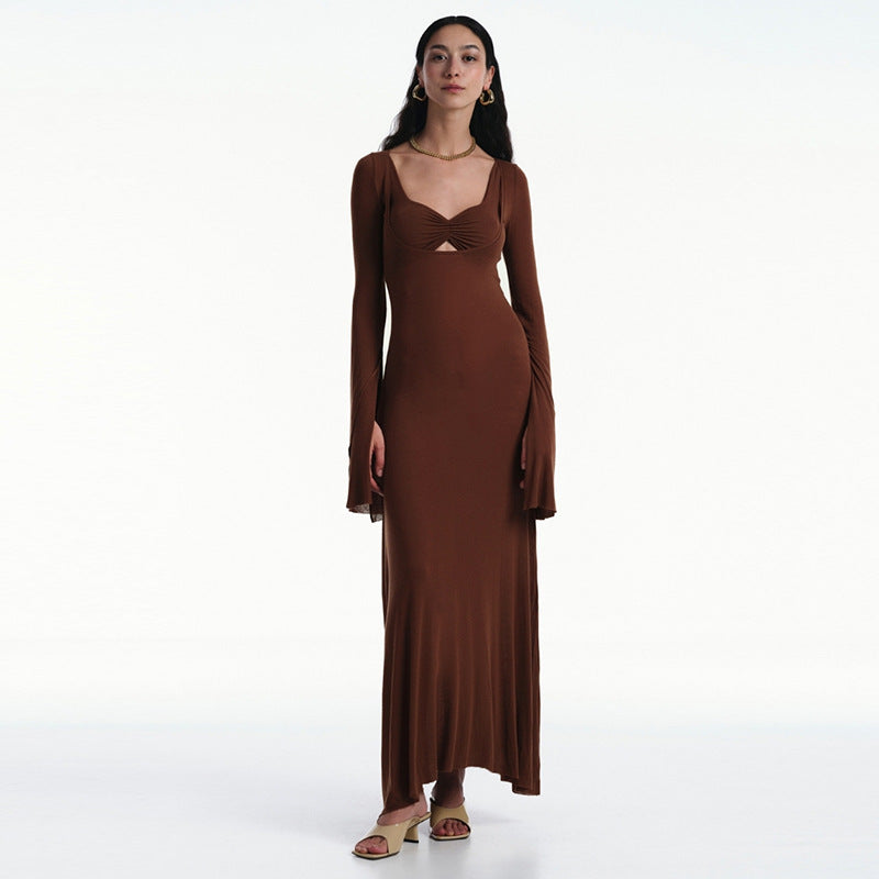 U-shaped collar long sleeve maxi dress, view 3 - MRSLM