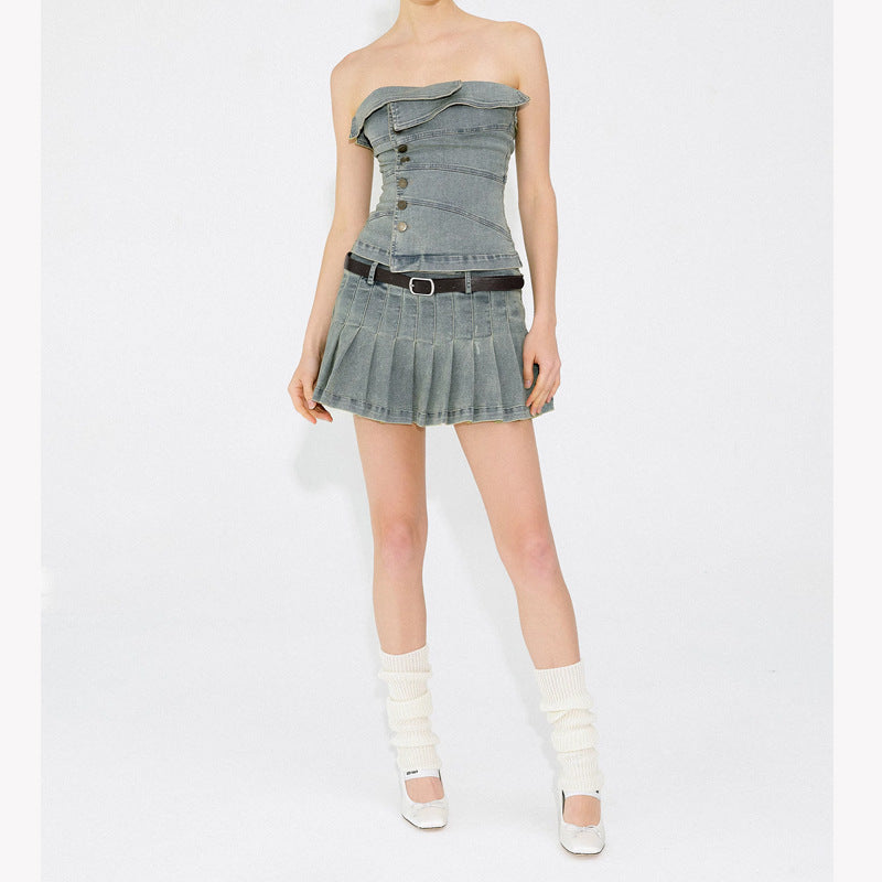 denim top and short skirt two-piece set, view 6 - MRSLM