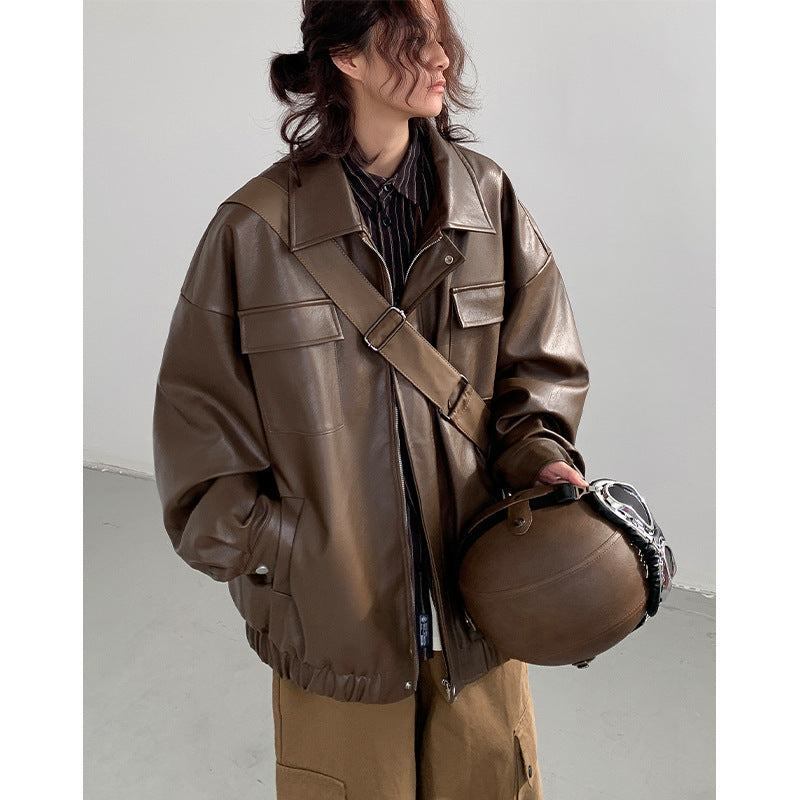 men's loose PU leather jacket, view 3 - MRSLM