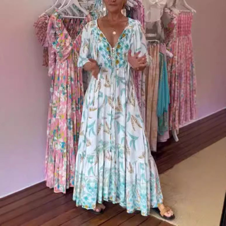 loose deep V puff sleeve long dress, view 4 - MRSLM