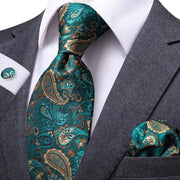 dark green paisley silk tie set with hanky and cufflinks, view 3 - MRSLM