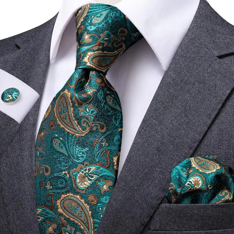 dark green paisley silk tie set with hanky and cufflinks, view 3 - MRSLM