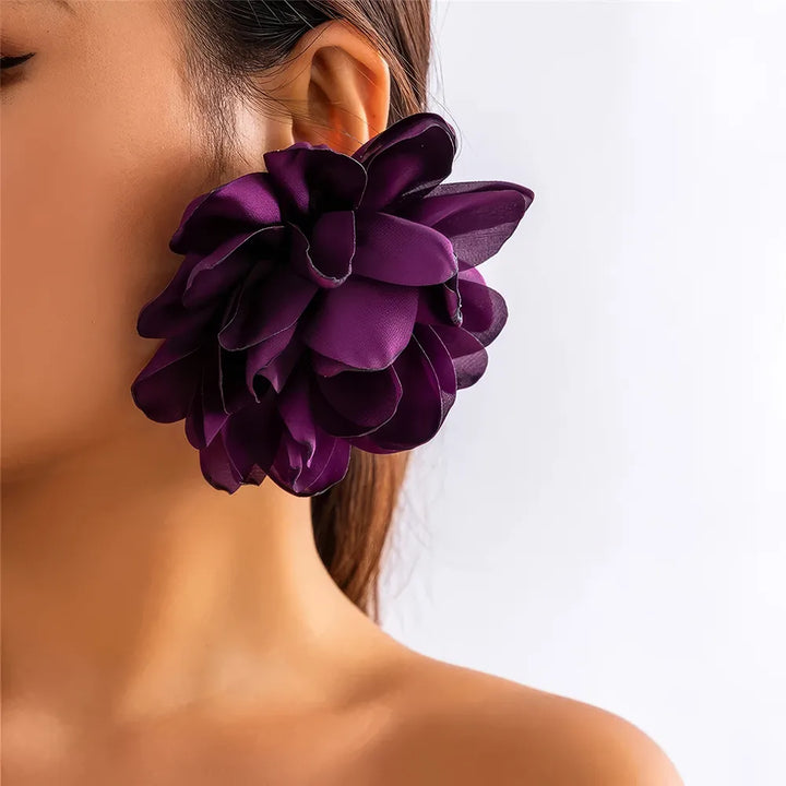 Exaggerated Fluffy Fabric Flower Stud Earrings