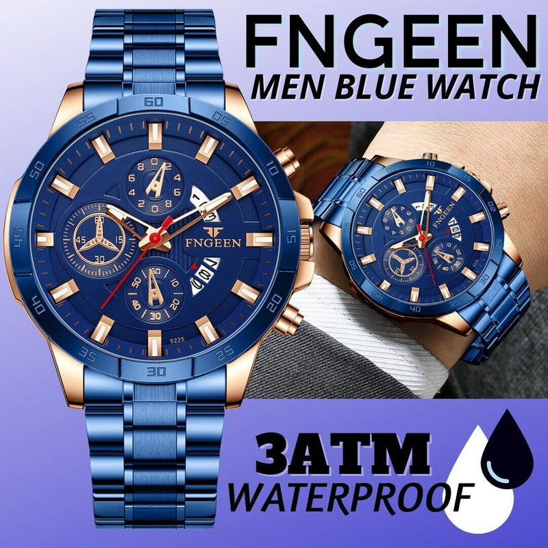 men's blue dial stainless steel quartz watch, view 10 - MRSLM