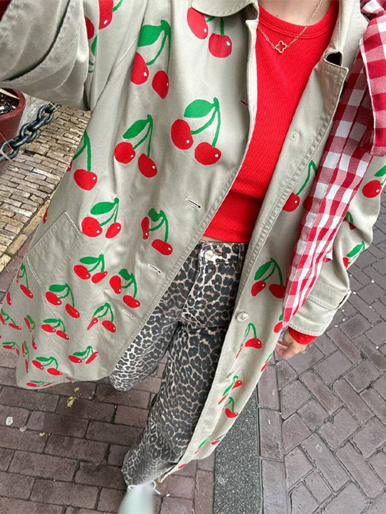 khaki fruit printed lapel coat, view 7 - MRSLM