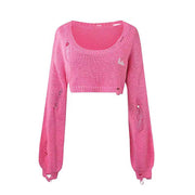 women's short hollow knit sweater, view 2 - MRSLM