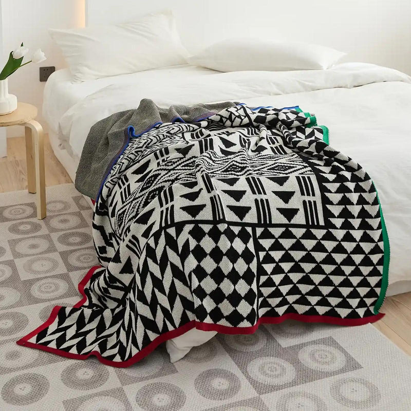 geometric pattern cotton blanket with stripe edge - MRSLM