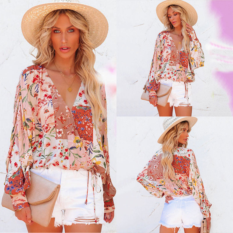 floral v-neck long sleeve loose shirt - MRSLM