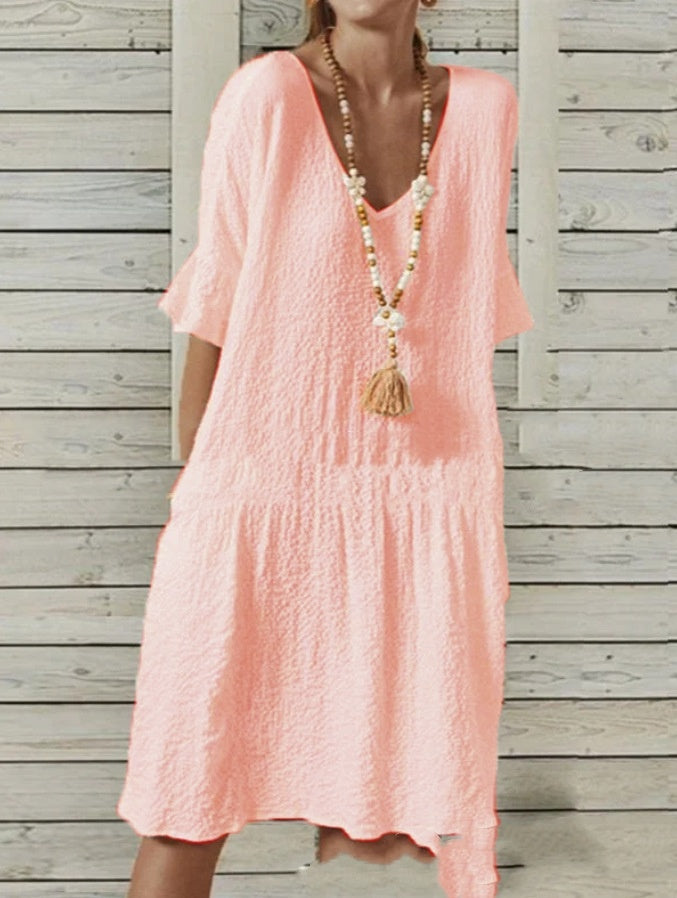 bell sleeve v-neck a-line dress, view 3 - MRSLM