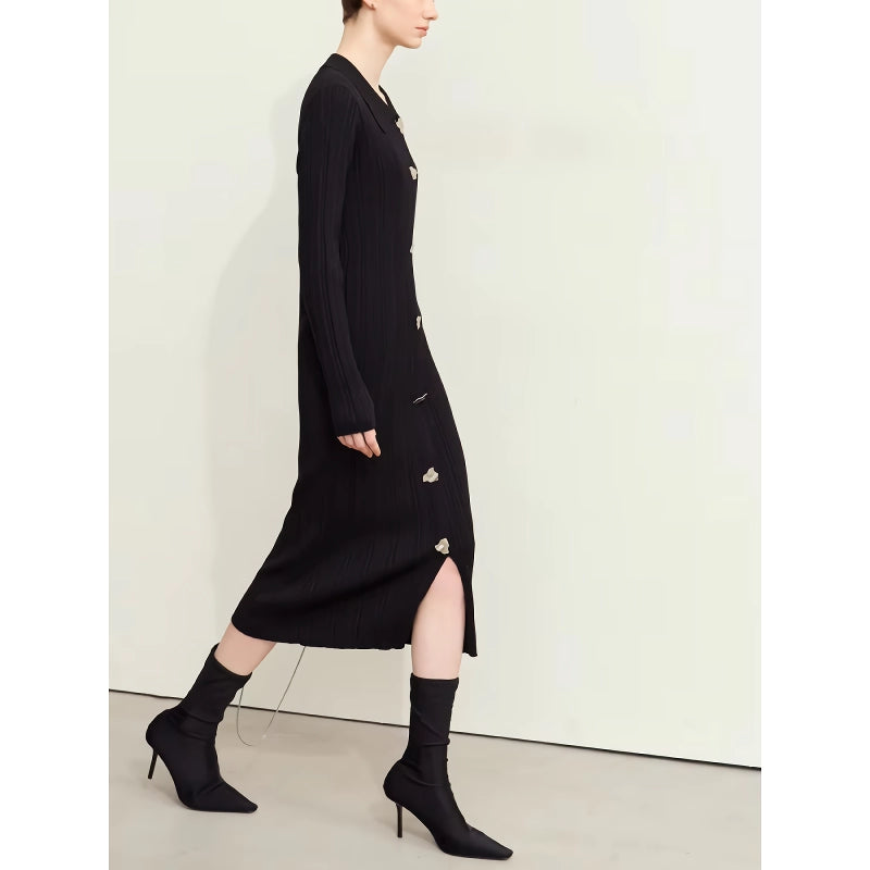 retro lapel knitted dress with metal buckle, view 6 - MRSLM