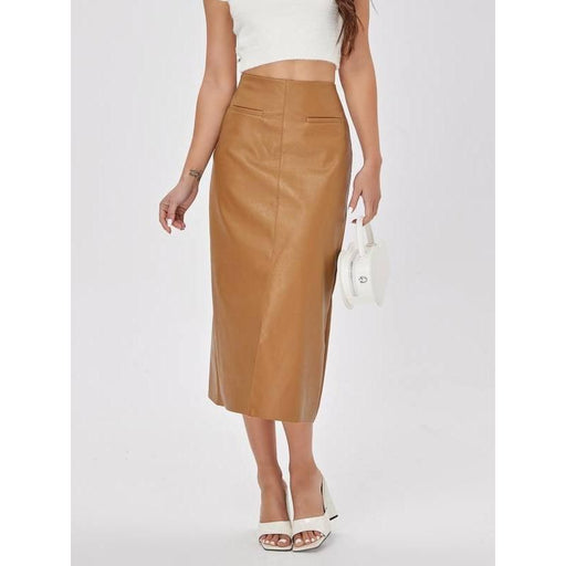 high-waist faux leather straight skirt, view 3 - MRSLM