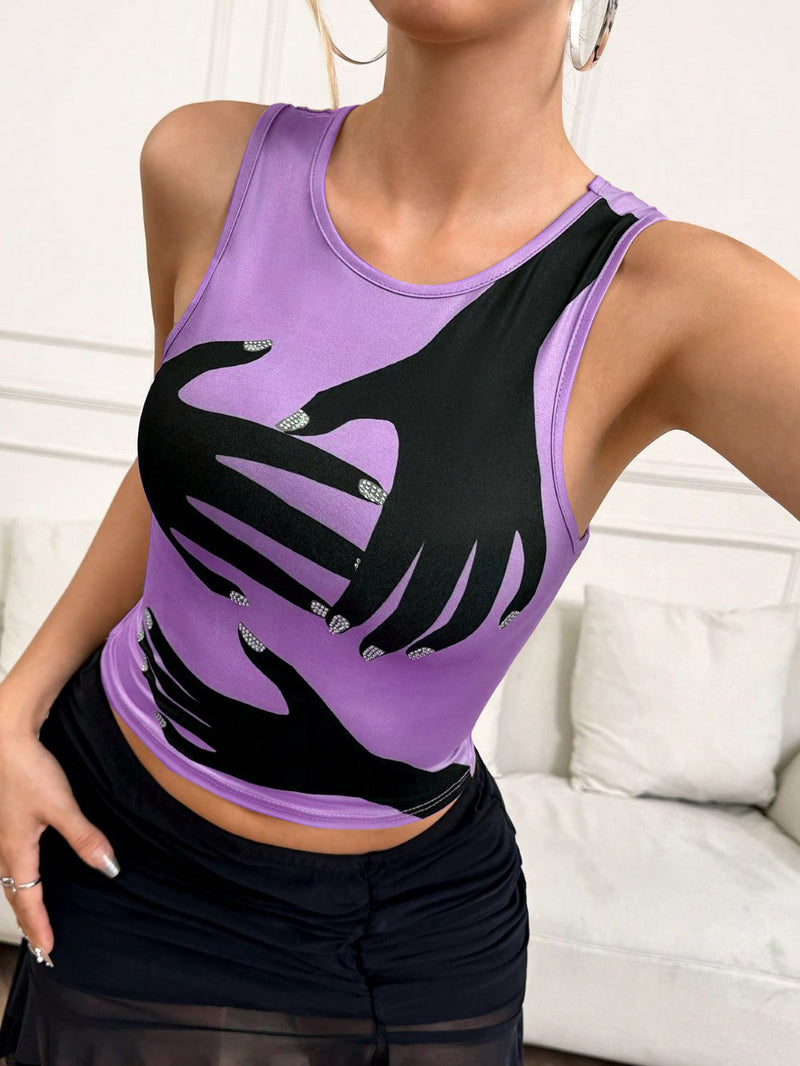 Women's printed round neck tank vest, view 10 - MRSLM