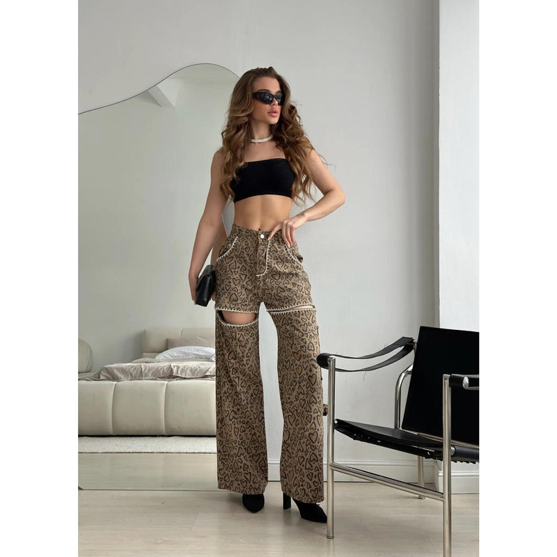 leopard patchwork wide-leg jeans, view 3 - MRSLM