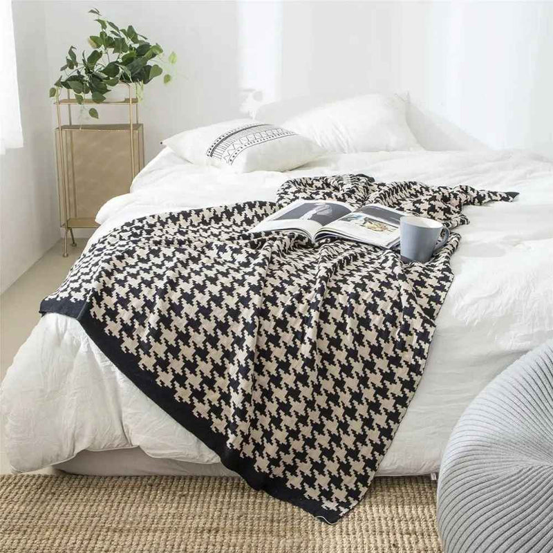 classic houndstooth plaid cotton knitted blanket, view 6 - MRSLM