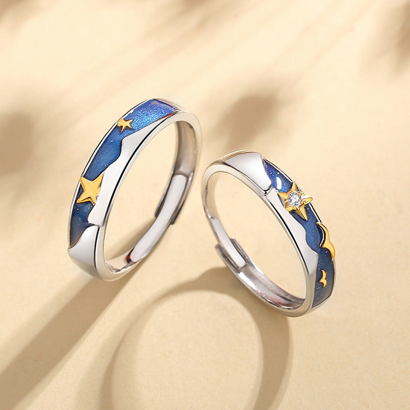 blue starry sky couple silver ring, view 2 - MRSLM
