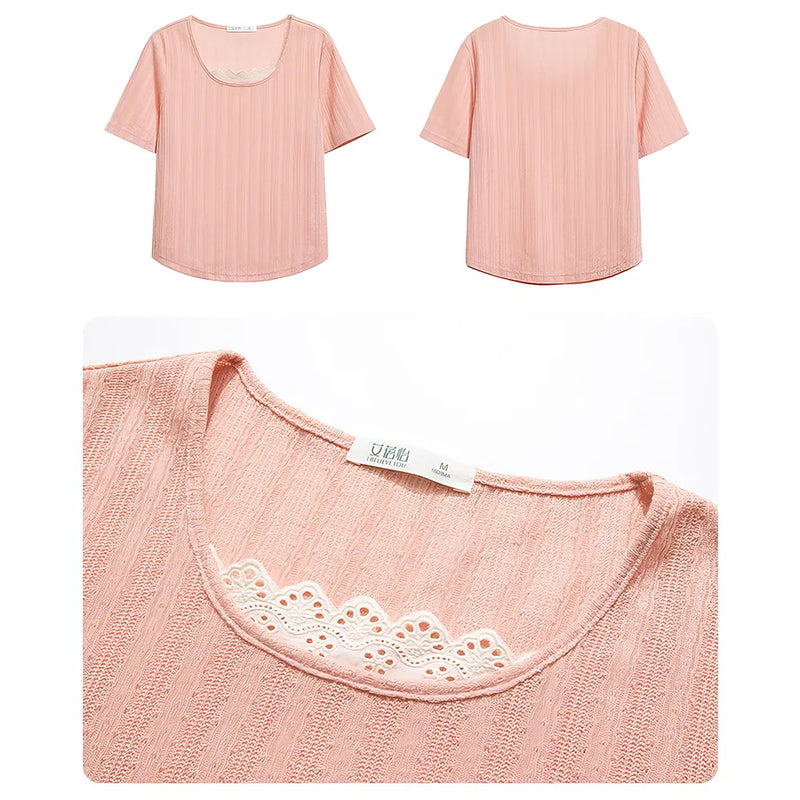 lace edge short-sleeve t-shirt, view 7 - MRSLM