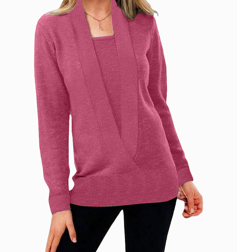 women's knitted deep v-neck long sleeve sweater, view 5 - MRSLM
