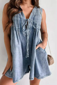 v-neck sleeveless denim shorts jumpsuit, view 10 - MRSLM