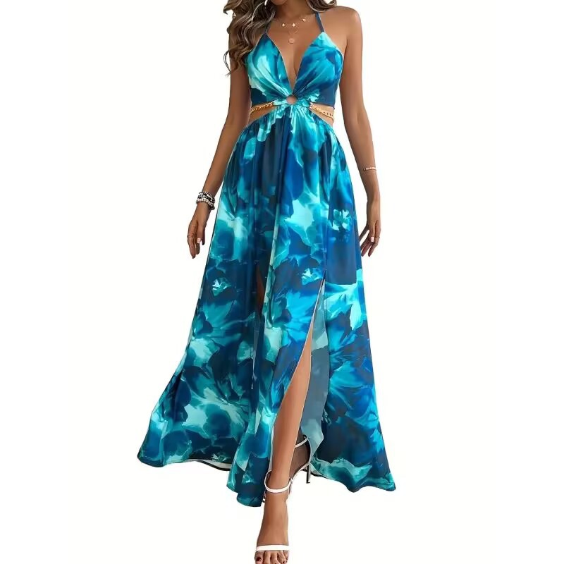 floral backless side-slit dress, view 2 - MRSLM