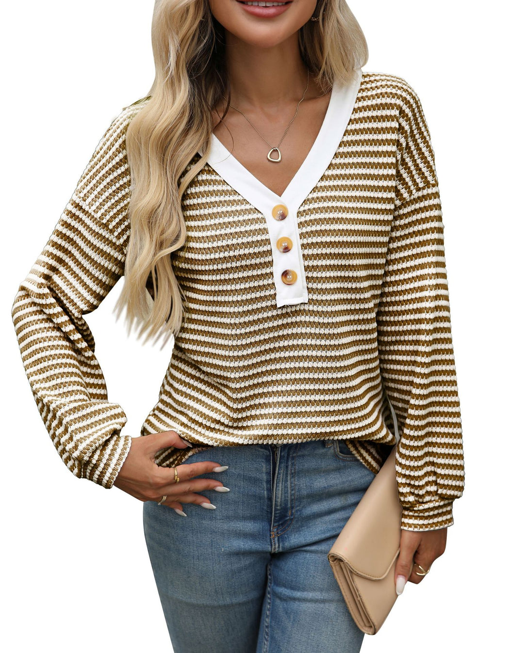 Women's V-neck Buttons Pullover Patchwork Casual Long-sleeved Top