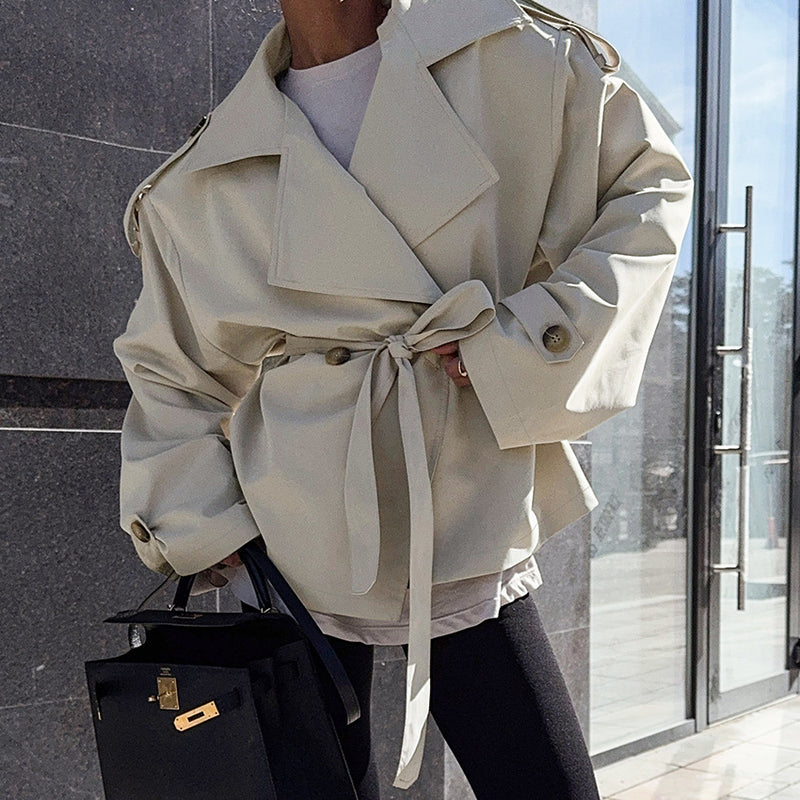 loose long sleeve trench coat in light khaki, view 4 - MRSLM