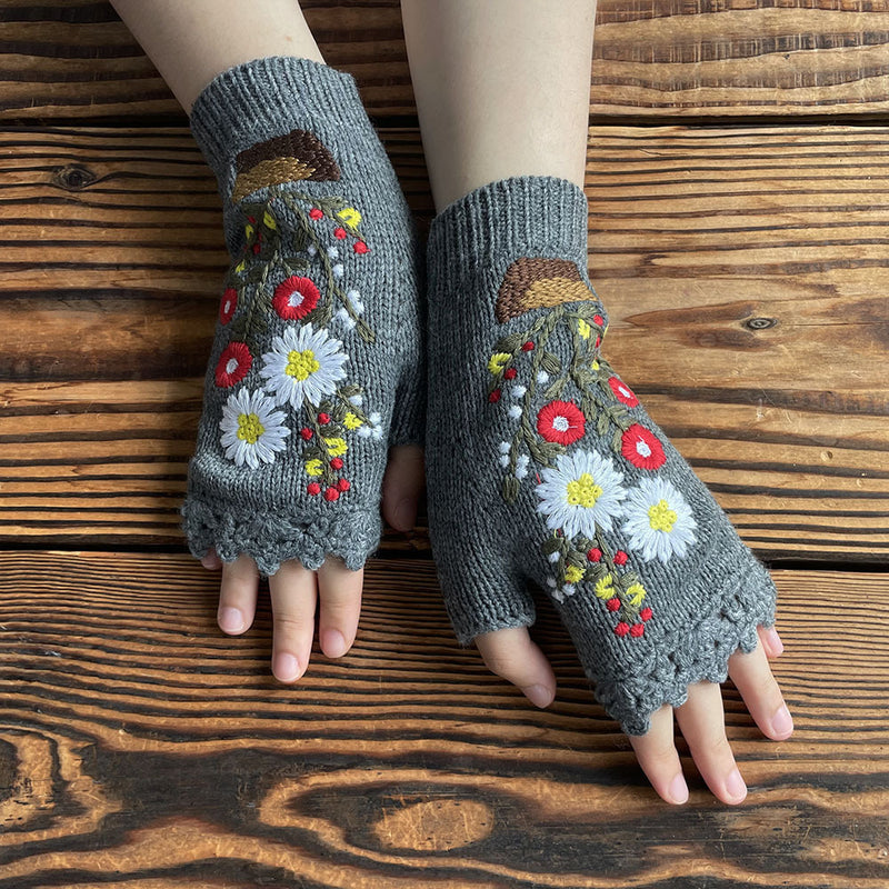 embroidered floral knitted half finger gloves, view 3 - MRSLM