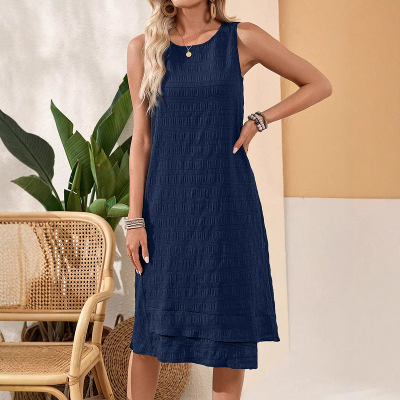 Women's navy sleeveless round neck dress, view 3 - MRSLM