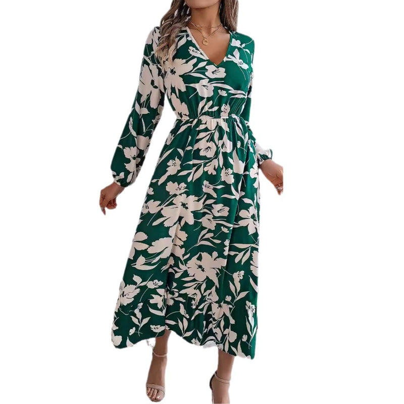 flower print ruffled long sleeve chiffon dress, view 5 - MRSLM