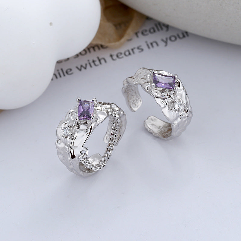 s925 silver foil texture zircon chain ring, view 4 - MRSLM