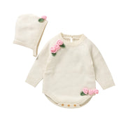 newborn baby girl knit bodysuit and floral hat set, view 2 - MRSLM