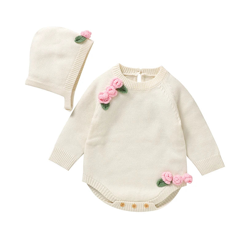newborn baby girl knit bodysuit and floral hat set, view 2 - MRSLM