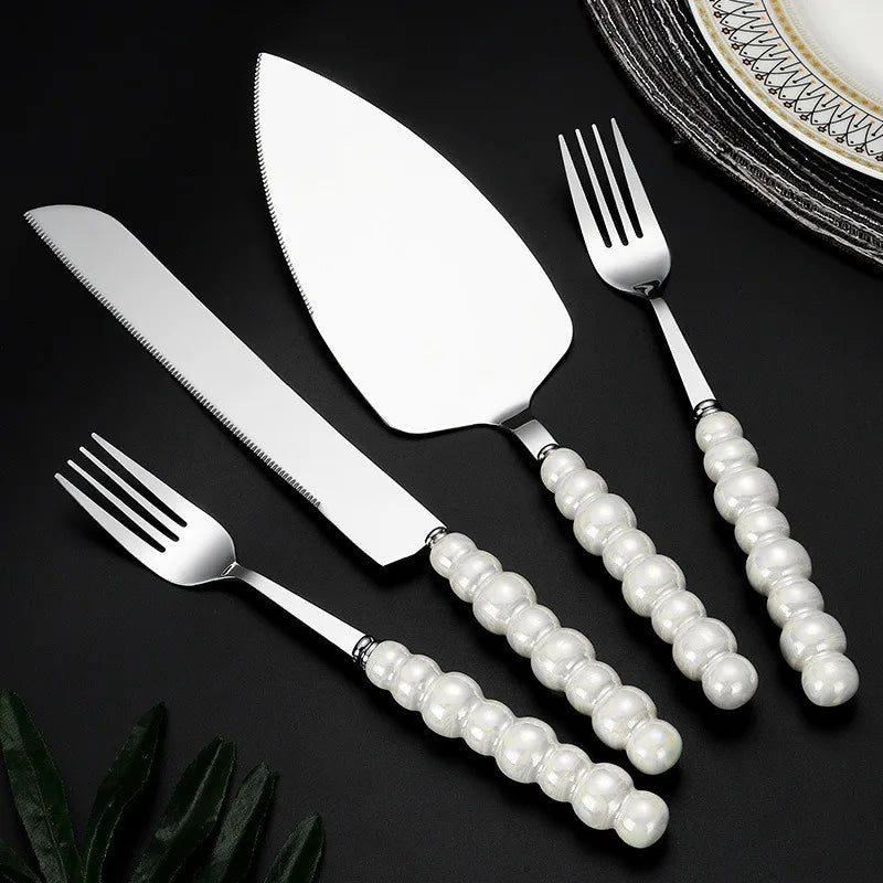 pearl ceramic handle cake knife set, view 3 - MRSLM