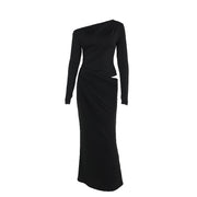 slim-fit slant shoulder hollow-out pleated dress women, view 5 - MRSLM
