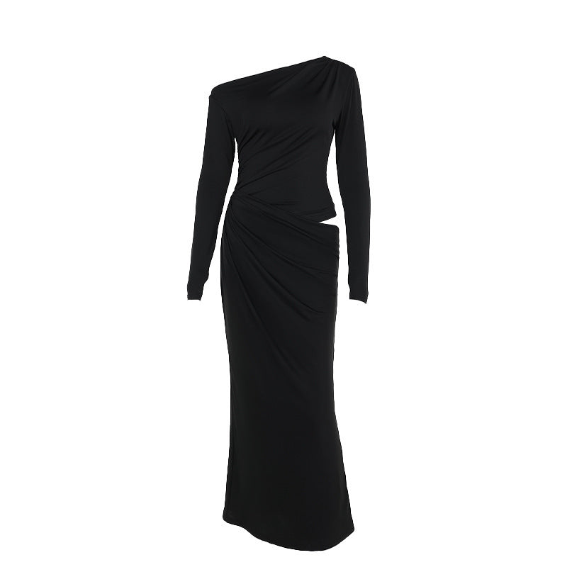 slim-fit slant shoulder hollow-out pleated dress women, view 5 - MRSLM