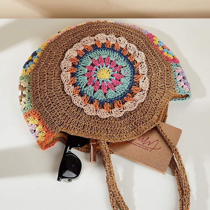 bohemian round straw shoulder bag, view 5 - MRSLM