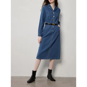 mid-length denim A-line dress with lapel collar, view 2 - MRSLM