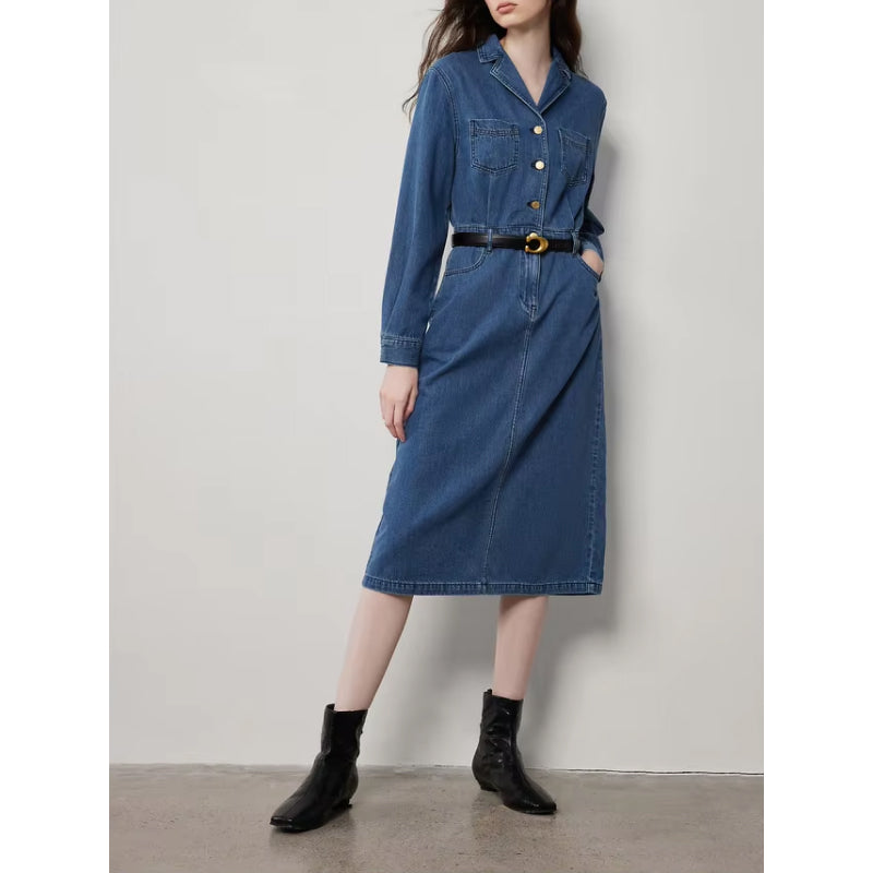 mid-length denim A-line dress with lapel collar, view 2 - MRSLM