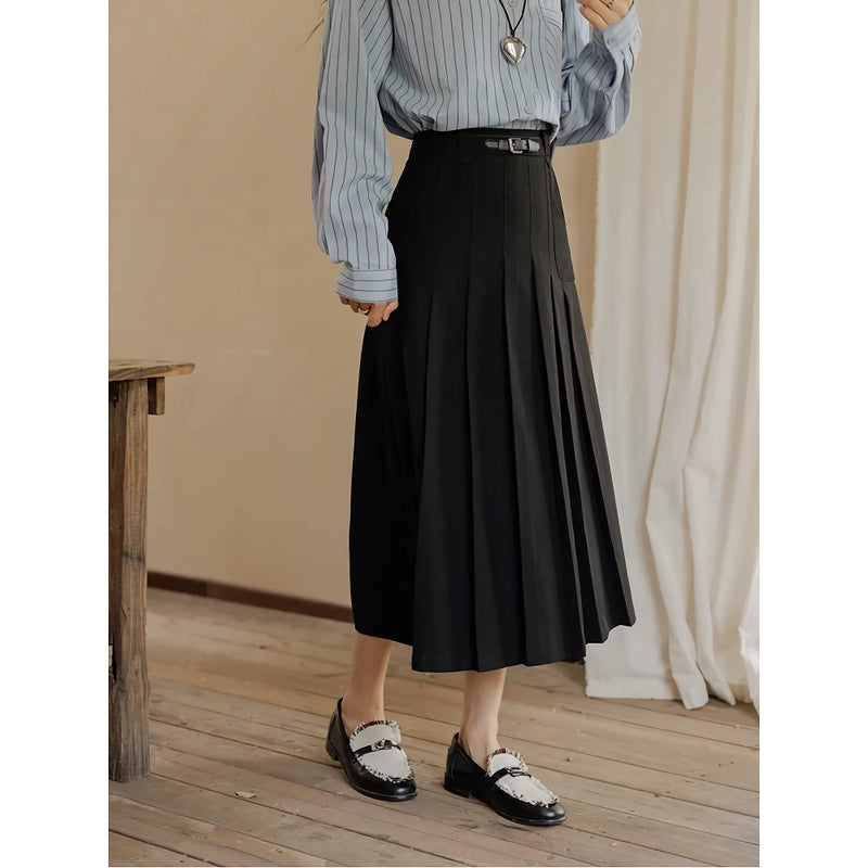 High waist pleated A-line skirt with belt, view 7 - MRSLM