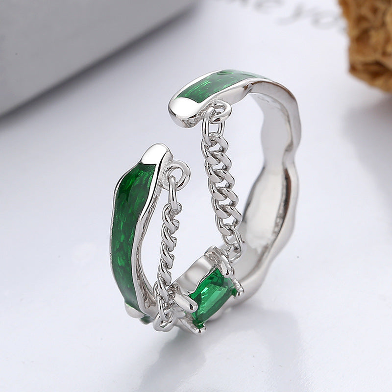 sterling silver green glaze chain zircon ring, view 3 - MRSLM