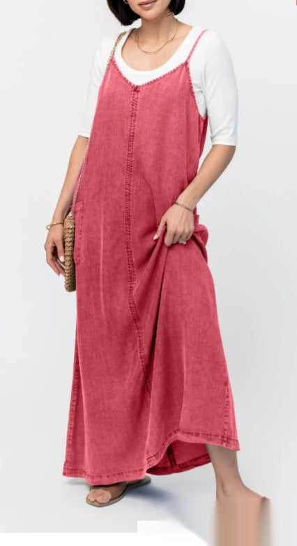 cotton suspender denim dress, view 6 - MRSLM