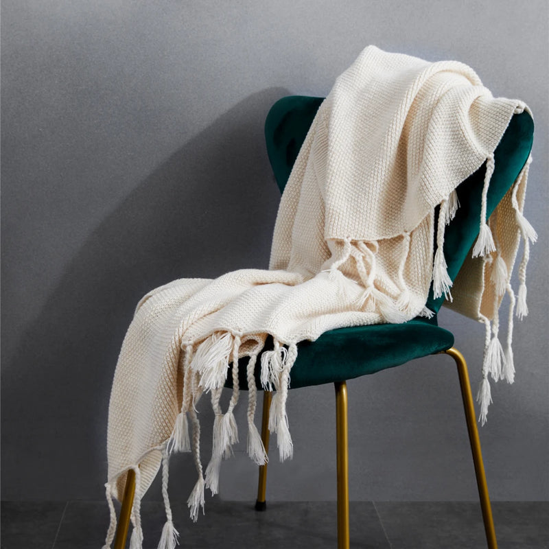 nordic wool knitted tassel blanket, view 8 - MRSLM